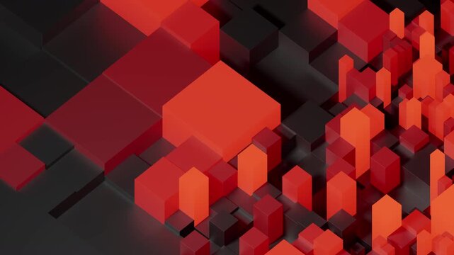 Animated isometric tech background. Red and black glowing cubes representing digital server network or big data. 3d rendering not AI