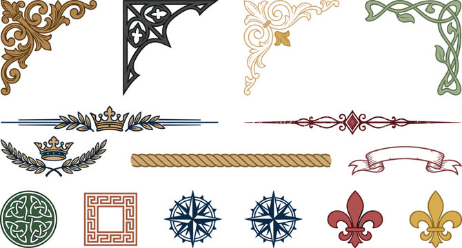 Vintage Decorative Design Element Collection with Ornamental Corners, Heraldic Symbols, Compass Roses, Rope Borders, and Classic Vector Embellishments