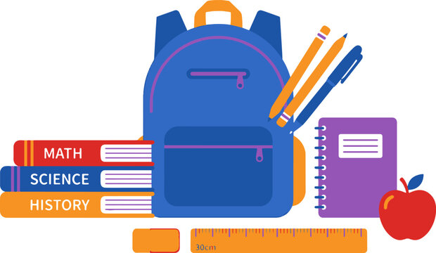 School backpack with books notebook pens and apple isolated on transparent background.