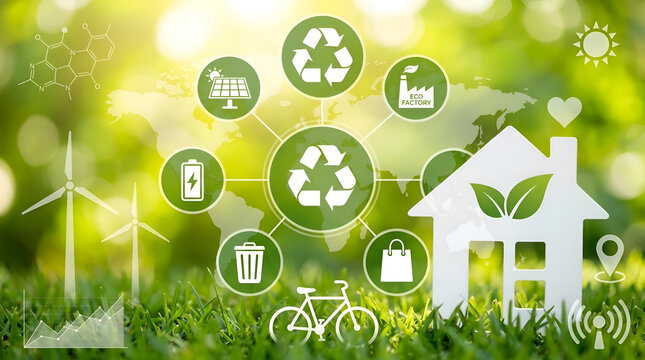 Sustainable Living and Environmental Responsibility Concept Integrating Green Energy, Recycling, and Eco-Friendly Technology for a Brighter Future, Against a Lush Natural Backdrop