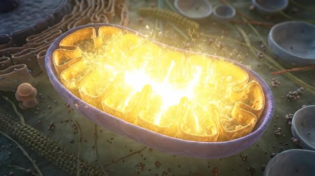 Mitochondrion, generating biochemical energy within cellular component, emitting energy effluence during vital process, illustrating microscopic mechanism of biological activity.