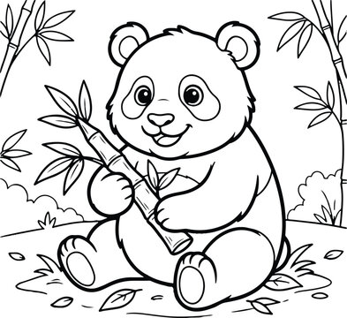 Cute cartoon panda bear holding a bamboo stalk for children coloring book page illustration