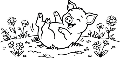 Cute cartoon piglet lying on its back playing in a field of spring flowers © Kamrul Hasan