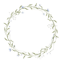 Fototapeta premium Hand drawn watercolor illustration of circular wreath of wild blue flowers and green herbs. Wildflower spray circle or round frame for wedding invitations or botanical decorations, greeting cards