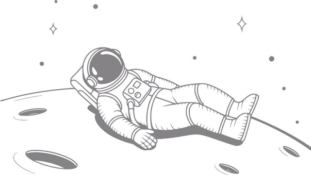 深宇宙の月の表面に横たわってリラックスしている宇宙飛行士の白黒の線画