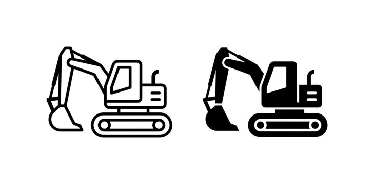 Excavator Icons: Outline and Solid Fill, Construction Machine Vector Graphics for Industry and Engineering