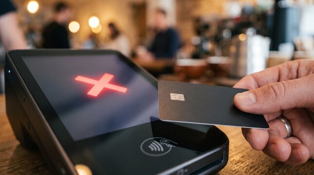 Credit card payment terminal displaying a red X icon for a declined transaction at a shop counter