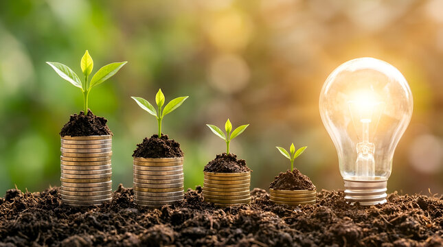 Sustainable Financial Growth Illuminated Idea for Investment and Development, Showing Plants Sprouting from Stacks of Coins in Fertile Soil