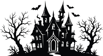 Spooky silhouette of a haunted castle with bats and bare trees for halloween © Farjana