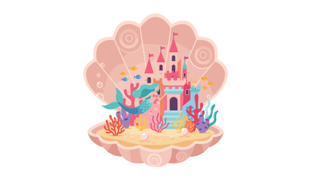 Beautiful mermaid swimming near a pink castle inside a giant sea shell decorated with corals and pearls.