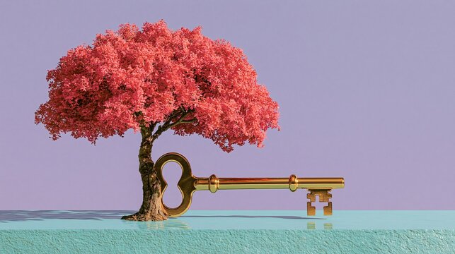Golden key growing into a pink tree of opportunity
