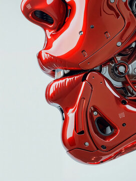 Futuristic red robot head with artistic design and glossy red finish. Generative AI image