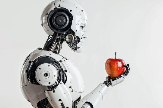 Futuristic robot examining an apple in a laboratory setting. Generative AI image