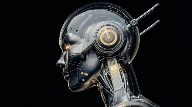 Futuristic robotic head profile with glowing yellow eye. Generative AI image