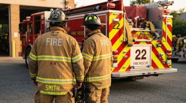 Two professional firefighters standing by emergency rescue truck. Heroic first responders in full gear preparing for urgent call at fire station.