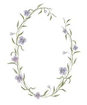 Hand drawn watercolor illustration of botanical circle wreath frame with purple flax linen flowers, stems, and leaves. Delicate, oval-shaped floral design. For wedding invitations, greeting cards