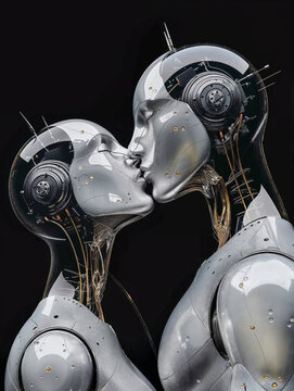 Futuristic robots kissing, a concept of AI intimacy. Generative AI image