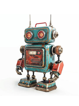 Vintage turquoise and red robot on a white background. Generative AI image
