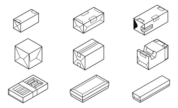 Isometric packaging box icons set, 9 line art delivery parcel vectors, black and white cardboard shipping container illustrations for logistics