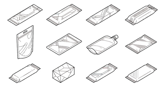 Isometric flexible packaging icons set, 12 vector line art food pouches and snack wrappers, blank plastic sachet and doypack mockups for branding