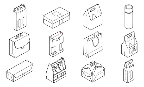 Isometric packaging icons set, 12 cardboard box and bag vector templates, white paper product container line art, retail shipping and delivery mockups