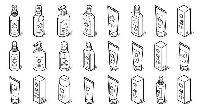 Isometric cosmetic packaging icons, set of 21 line art beauty product bottles and tubes, minimalist skincare container vector illustrations