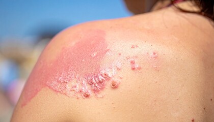 Fototapeta premium Sunburned skin on woman shoulder. Severe UV damage and painful red skin inflammation.