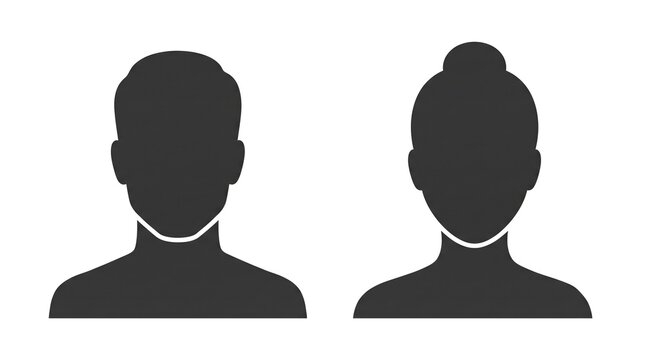 Minimalist black silhouettes of man and woman head and shoulder profiles on white background, user avatar icons, profile placeholder.