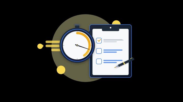 Animated motion graphic of a stopwatch and checklist illustrating time management productivity task completion and efficient workflow for business presentations with symbolize productivity planning