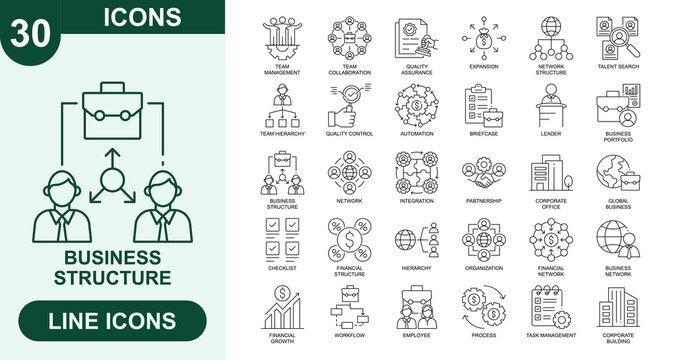 Business Structure, Outline Vector Icons. Editable Stroke Icons Set. team management, team collaboration, quality assurance, expansion, network structure, talent search, team, briefcase and more.