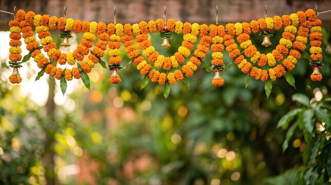 Vibrant marigold flower garland with golden bells hanging against lush blurred background, traditional Indian festive decoration, floral toran backdrop.