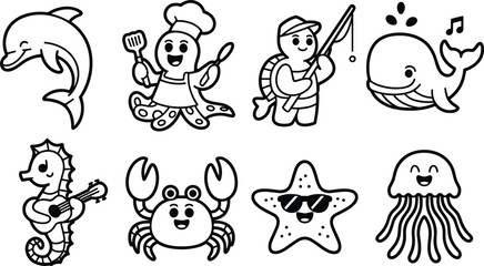 Cute sea animal character set featuring a dolphin, octopus chef, fisherman turtle, whale, seahorse musician, crab, starfish, and jellyfish © Md