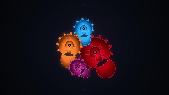 Abstract glowing gear mechanism rotating in dark space featuring vibrant neon colors and complex mechanical interconnectivity for futuristic technology
