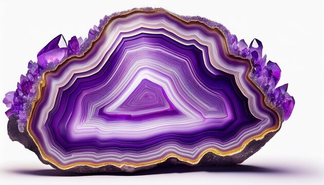 Amethyst Geode Slice With Agate Band Vibrant Purple Crystals Isolated On White Background