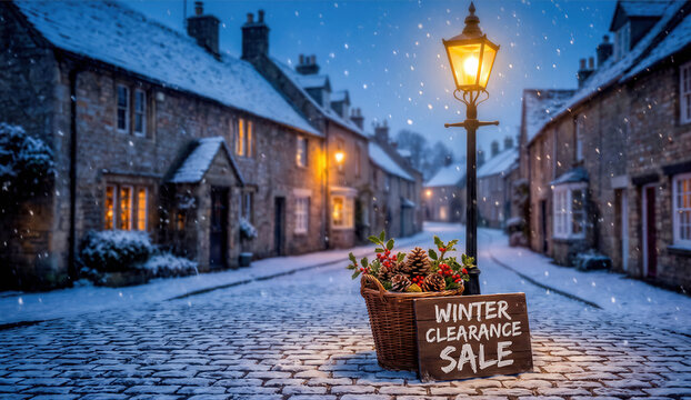 Cozy winter street with old stone houses and glowing street lamp next to basket with WINTER CLEARANCE SALE sign. Promotional offer rebate. Seasonal Winter sale promotion banner with copy-space.
