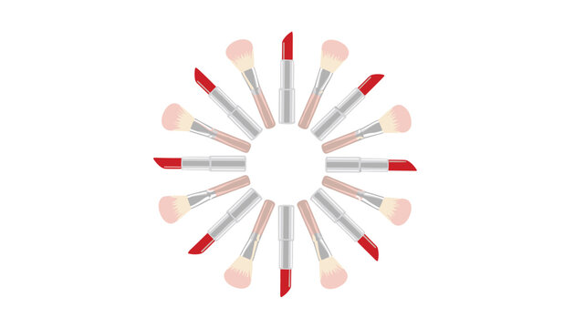 Decorative radial pattern composed of luxury red lipsticks and soft pink makeup brushes arranged symmetrically on white background.