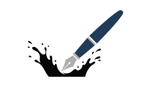 Elegant fountain pen with a dark blue body creating a sophisticated black ink splash pattern on a plain white surface.