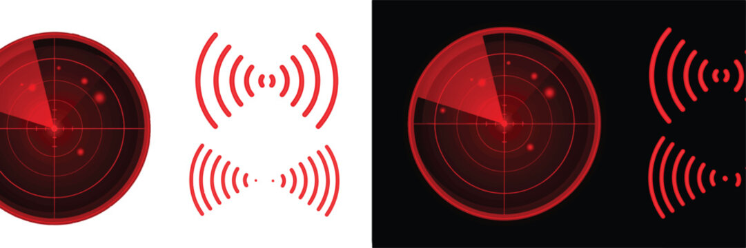 Red radar screen and signal wave icons set with technology navigation detection scanning interface communication broadcast frequency tracking location