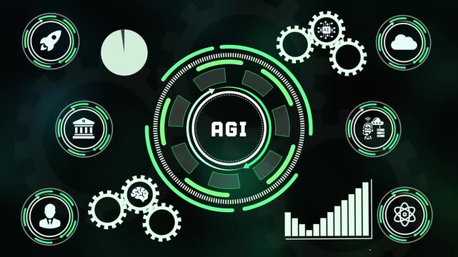 Futuristic AGI artificial general intelligence concept on digital Hud background with gears rocket bank user profile server chart and science icons.