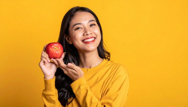 Indonesian woman in her 25s with a beautiful smile, hand to hold fruit , she look happy isolated on yellow background