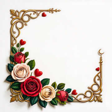 Elegant floral and heart design with gold decorative frame on white background.