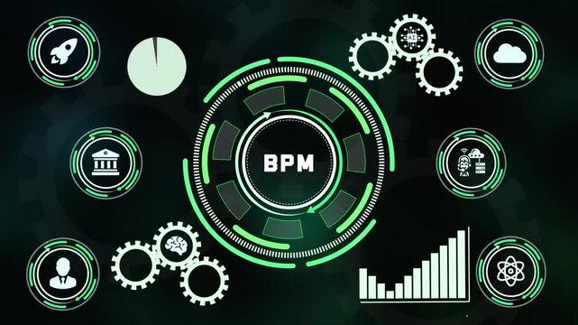 Advanced BPM business process management hud interface with futuristic gears rocket bank user profile ai brain server chart and atomic icons.