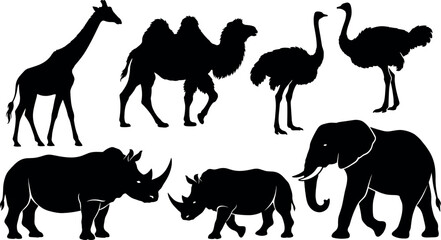 African Safari Wild Animal Silhouette Set Featuring Giraffe Camel Ostrich Rhinoceros and Elephant for Nature Wildlife Conservation and Zoo Branding Graphic Designs © Rifat