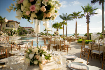 Obraz premium Elegant outdoor wedding reception at a luxury tropical resort with poolside dining and floral centerpieces