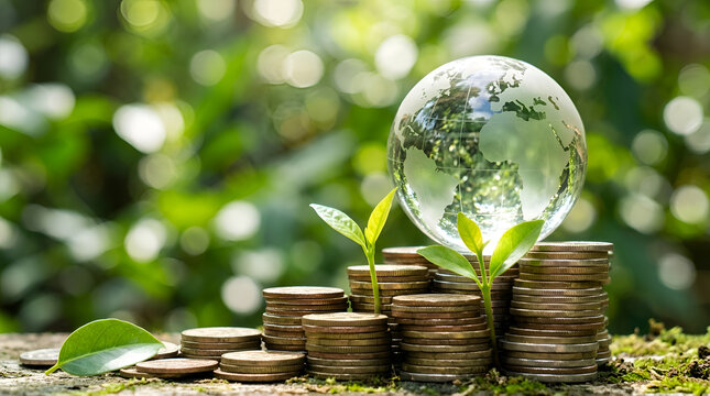 Sustainability and green finance concept featuring a crystal globe on stacked coins with growing plants in a lush forest environment
