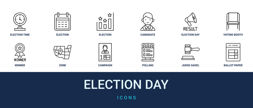 Set of 12 outline web Election Day icons such as ballot paper, judge gavel, polling, campaign, zone, winner, voting booth vector icons for report, presentation, diagram, web design, mobile app