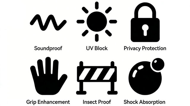 A set of protective performance icons representing the product protection concept of sound insulation, sun protection, anti slip, insect prevention, and privacy buffering and shock absorption
