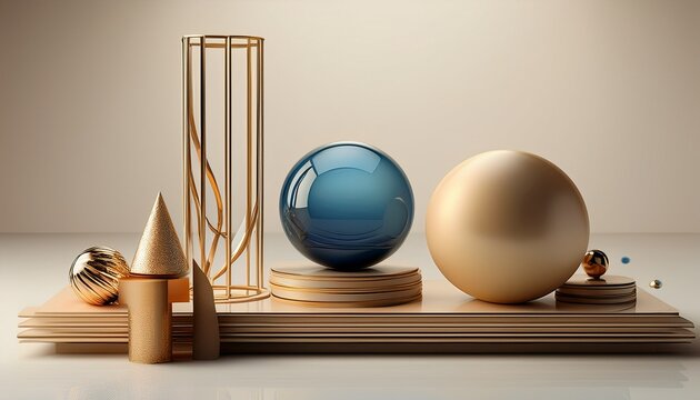 Beige Sphere Glass Cylinder Dark Blue Sphere And Gold Cone On Full Hd K Stock Image Download White Background