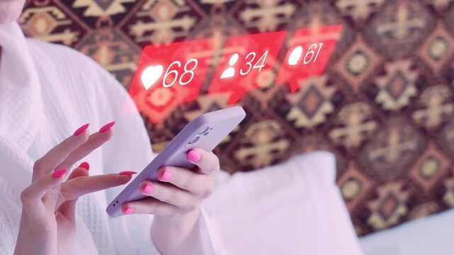 A woman interacts with her smartphone as likes, comments, and followers increase, showcasing social media engagement dynamics.