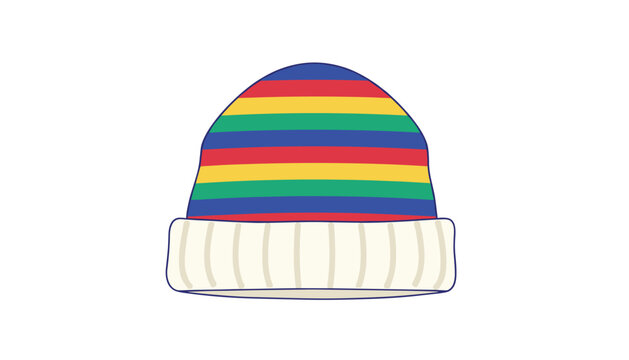 Warm knitted beanie hat with vibrant horizontal rainbow stripes and a ribbed cuff design for stylish winter headwear fashion.
